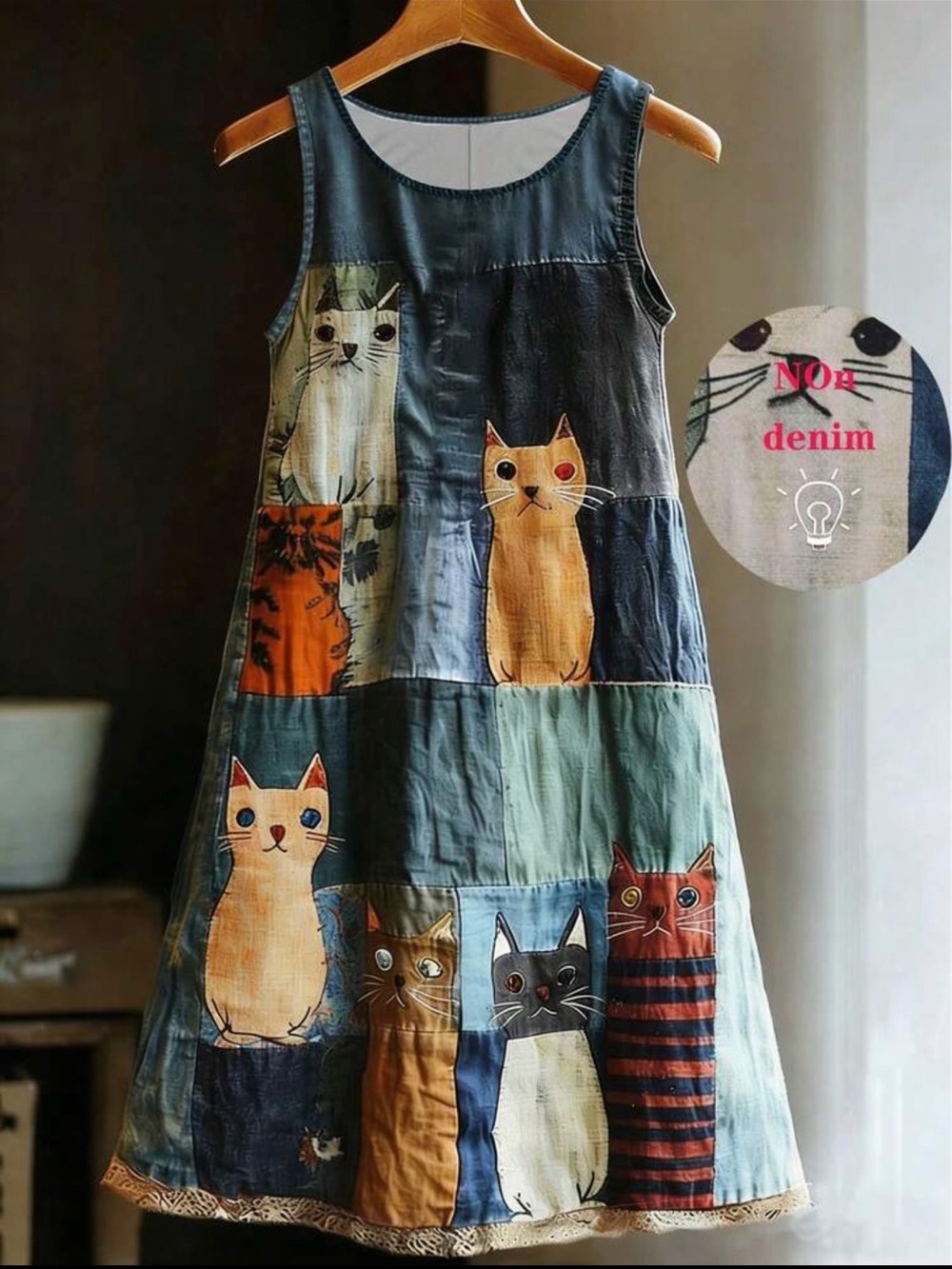 Blue Patchwork Cat Print Midi Dress